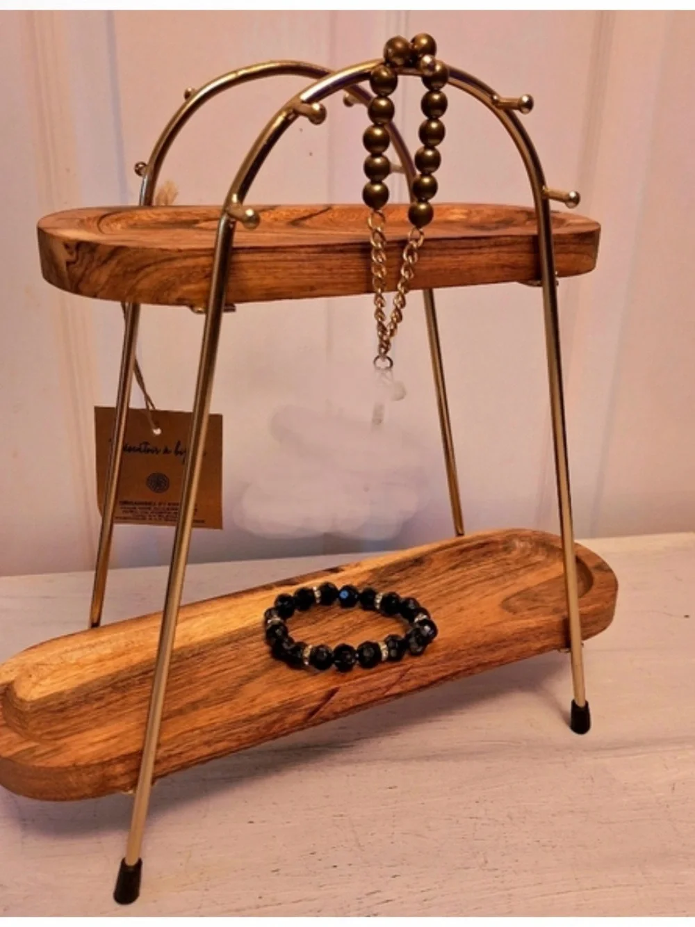 Two-Tier Wood Vanity Tray with Gold Metal Frame - Brown/Gold